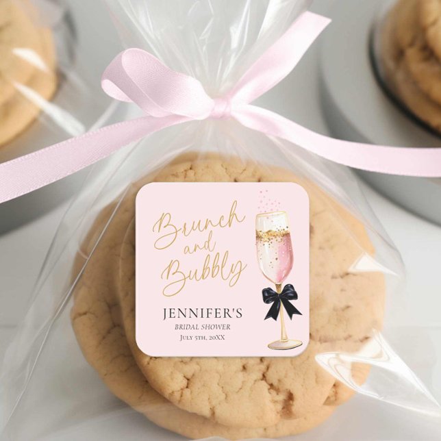 Pegatina Cuadrada Desayuno rosa y brindis con burbujas para despedid (Pink Bubbly Bridal Shower Sticker)