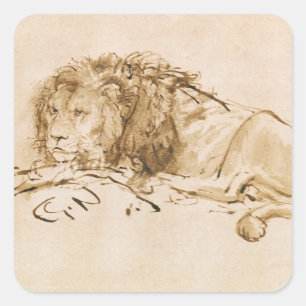 Pegatina Cuadrada Descanso de leones (pluma y tinta sobre papel)