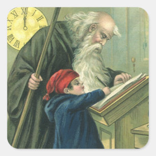 Pegatina Cuadrada Deseándole un Feliz Año Nuevo, Antiguo Padre Tiemp