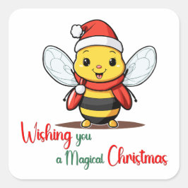 Pegatina Cuadrada Deseándote un mágico Navidad Cute Bee