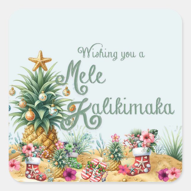 Pegatina Cuadrada Deseándote una tarjeta Mele Kalikimaka (Anverso)