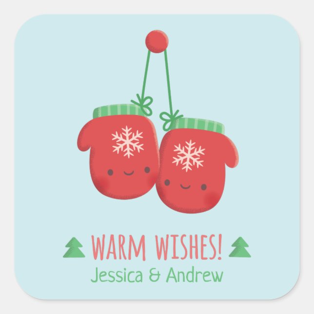 Pegatina Cuadrada Deseos Cálidos Mitones Navideños Decoración (Anverso)