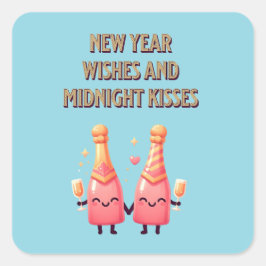Pegatina Cuadrada Deseos de Año Nuevo y Besos de Medianoche Kawaii