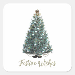 Pegatina Cuadrada Deseos festivos. Diseño de árbol de Navidad