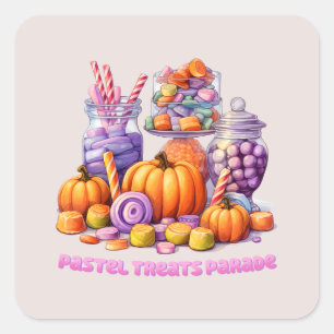 Pegatina Cuadrada Desfile de pasteles - Vela y calabaza