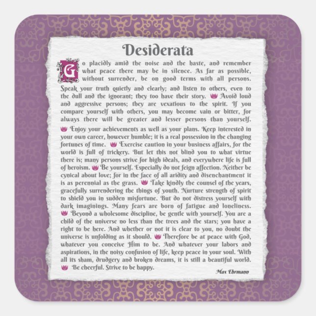 Pegatina Cuadrada Desiderata - Cosas deseadas (Anverso)