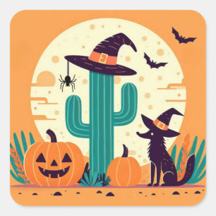 Pegatina Cuadrada Desierto/cactus del suroeste de Halloween