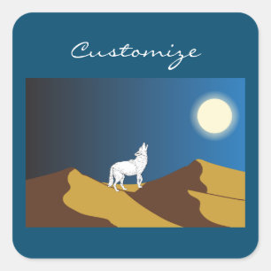 Pegatina Cuadrada Desierto Coyote Howling Full Moon Thunder_Cove