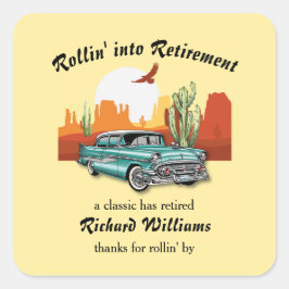 Pegatina Cuadrada Desierto de auto azul clásico de retiro masculino