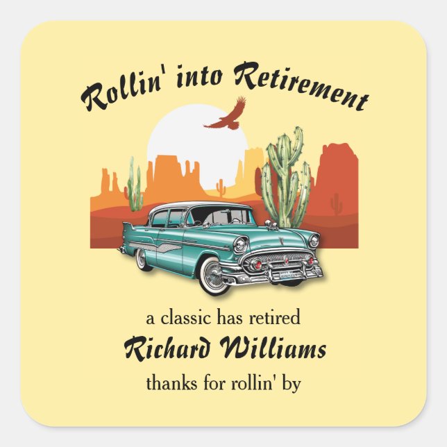 Pegatina Cuadrada Desierto de auto azul clásico de retiro masculino (Anverso)