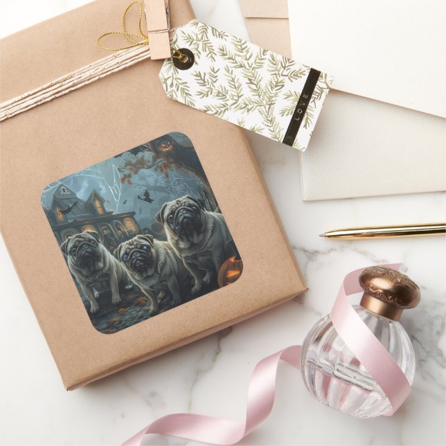 Pegatina Cuadrada Deslumbramiento de la noche de Pug Halloween (Regalar)