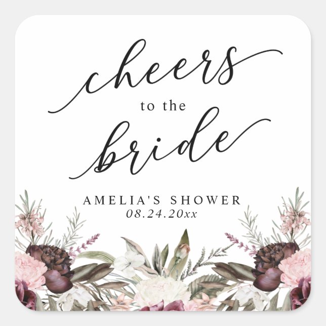 Pegatina Cuadrada Despedida de soltera boho floral borgoña (Anverso)