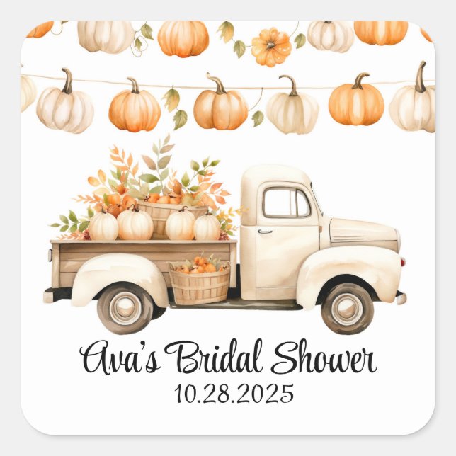 Pegatina Cuadrada Despedida de soltera Camioneta antigua con calabaz (Anverso)