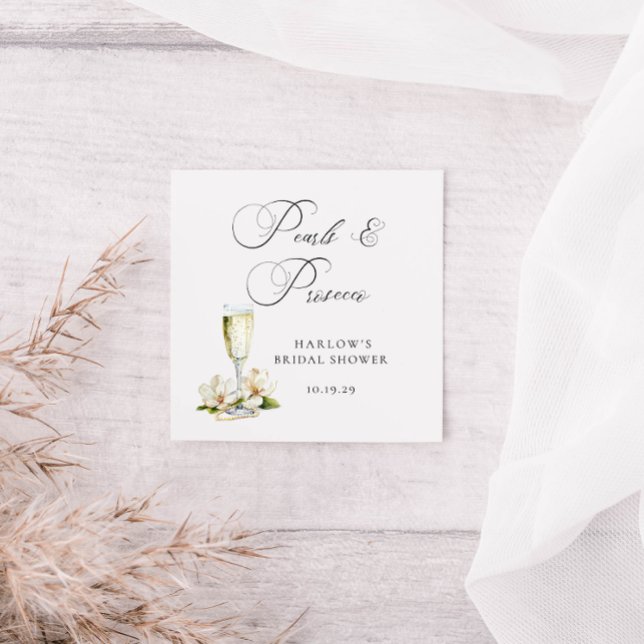 Pegatina Cuadrada Despedida de soltera con perlas elegantes y Prosec (Pearls and Prosecco Bridal Shower Square Sticker )