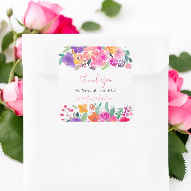 Pegatina Cuadrada Despedida de soltera en acuarela floral rosa brill (Bold bright pink floral watercolor bridal shower square sticker)