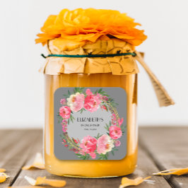 Pegatina Cuadrada Despedida de soltera floral rosa acuarela