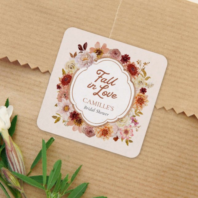 Pegatina Cuadrada Despedida de Soltera Otoño Enamorada (Fall in Love Autumn Floral Sticker for favors)