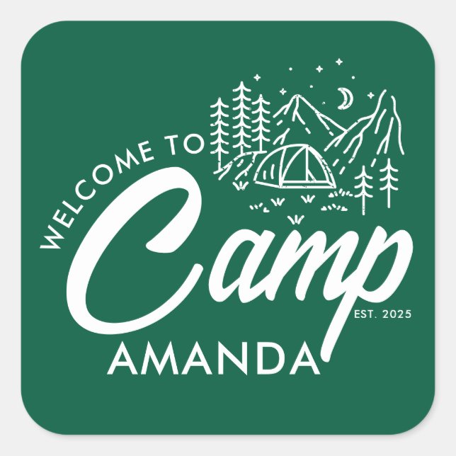 Pegatina Cuadrada Despedida de soltera personalizada en campamento d (Anverso)
