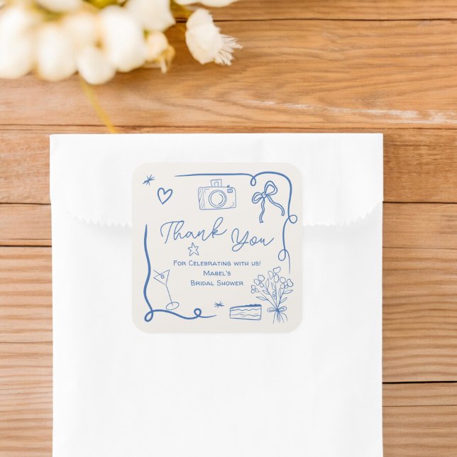 Pegatina Cuadrada Despedida de soltera retro ilustrada con dibujos a (Retro blue hand drawn illustrated bridal shower square sticker)
