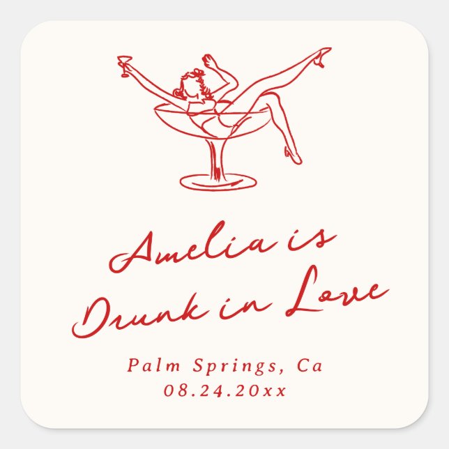 Pegatina Cuadrada Despedida de Soltera Roja Caprichosa Dibujada a Ma (Anverso)