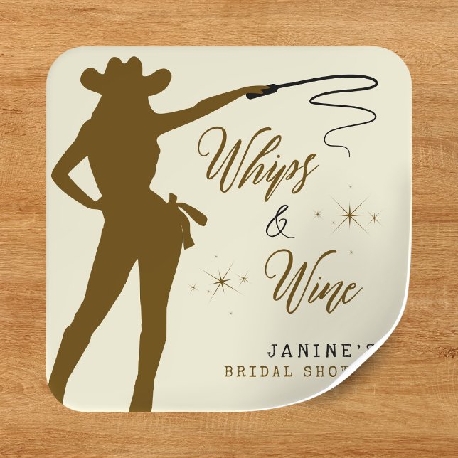 Pegatina Cuadrada Despedida de soltera vaquera látigos y vino (Whips & Wine Cowgirl Bridal Shower Square Sticker
)