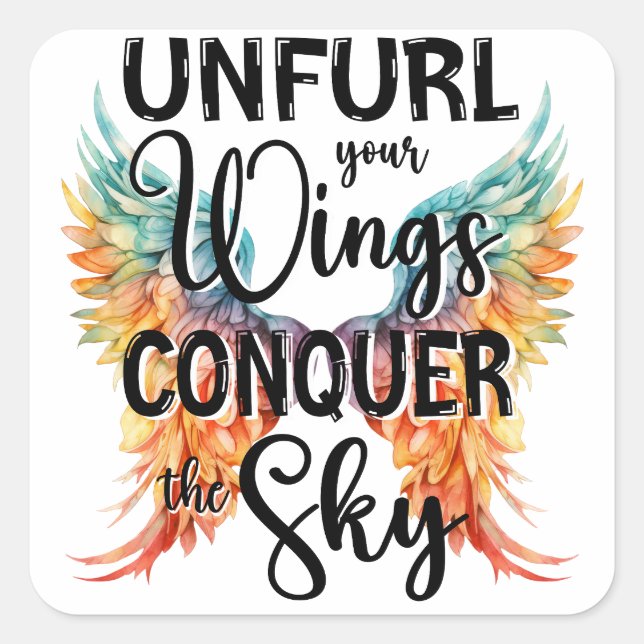Pegatina Cuadrada Desplegar sus alas conquistar el cielo, guión eleg (Anverso)