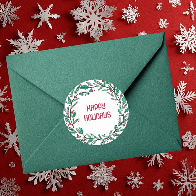 Pegatina Cuadrada Destituyen la festividad a mano de los navidades W (Christmas Wreath CUSTOM Hand Drawn Holiday Round Sticker
)