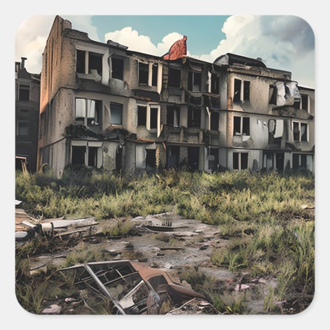 Pegatina Cuadrada Destrucción apocalíptica | Edificios abandonados (Anverso)