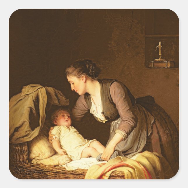 Pegatina Cuadrada Desvestir al bebé, 1880 (Anverso)