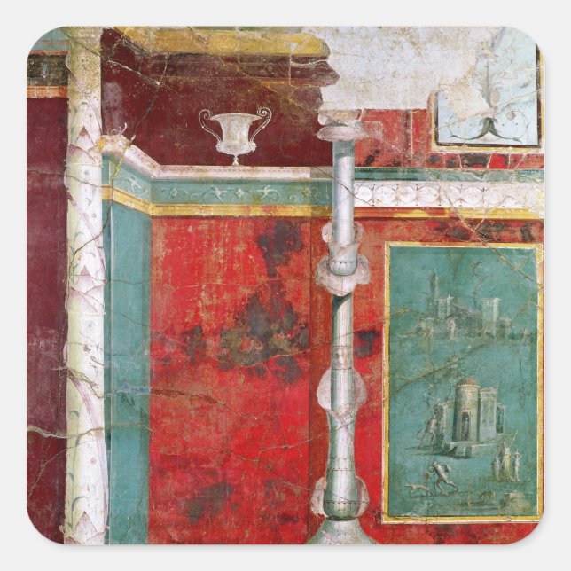 Pegatina Cuadrada Detalle arquitectónico con un paisaje (Anverso)