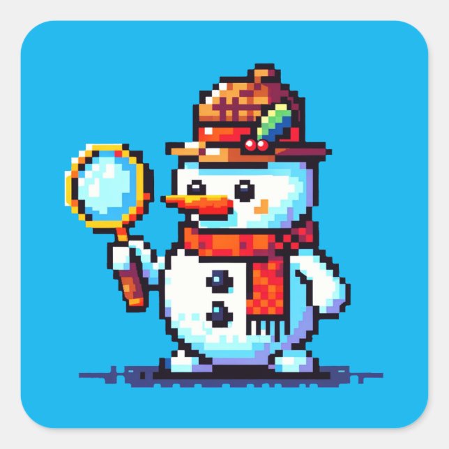 Pegatina Cuadrada Detective Snowman: Misterio de invierno de 8 bits (Anverso)