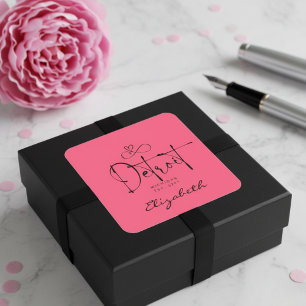 Pegatina Cuadrada Detroit Michigan Est 1701 "Tu Nombre" Rosa