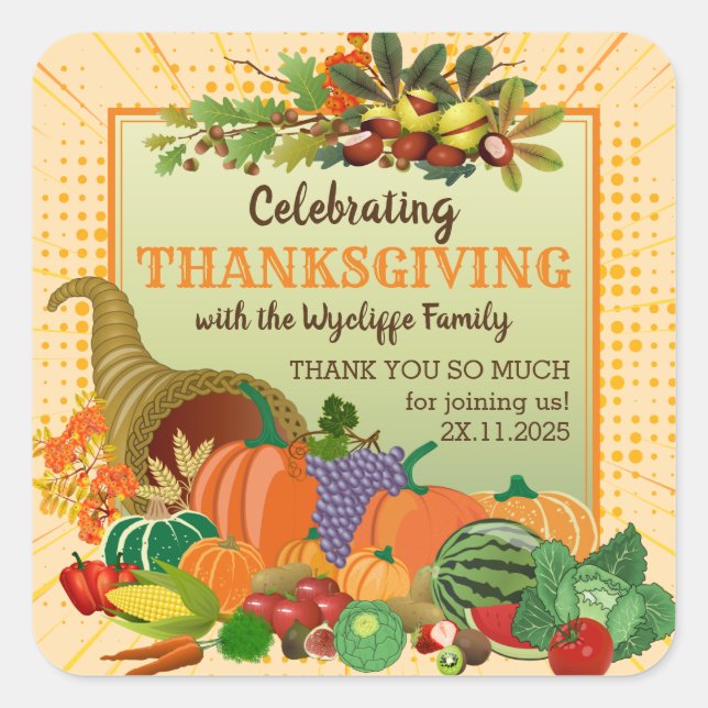 Pegatina Cuadrada Día de Acción de Gracias Cornucopia Abundance Horn (Anverso)