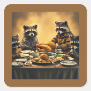 Pegatina Cuadrada Día de Acción de Gracias de la familia de mapaches