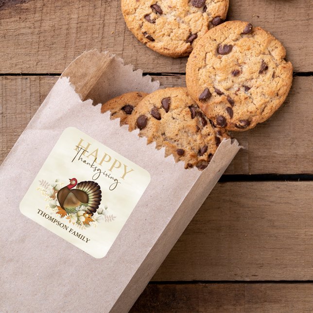 Pegatina Cuadrada Día de Acción de Gracias del Foliage de la Foliage (Happy Thanksgiving turkey with greenery and foliage. )