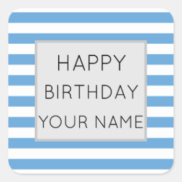 Pegatina Cuadrada Día De Aniversario Feliz Con Rayas Azules Y Blanca