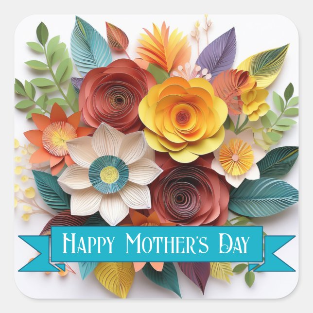 Pegatina Cuadrada Día de la madre floral al estilo del origami (Anverso)