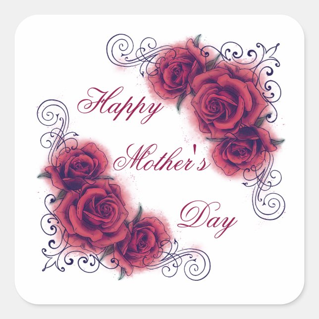 Pegatina Cuadrada Día de la Madre, Rosa de acuarela (Anverso)