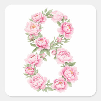 Pegatina Cuadrada Día de la Mujer Flor de Peonía para el 8 de marzo