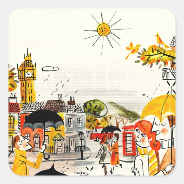 Pegatina Cuadrada Día de lluvias en Londres (Anverso)