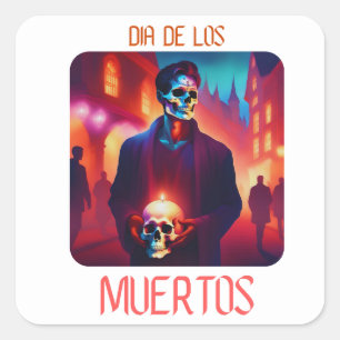 Pegatina Cuadrada Dia de los Muertos Catrin con Calavera