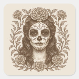 Pegatina Cuadrada Día de los Muertos Catrina Azteca Dibujo Marigold