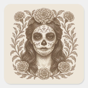 Pegatina Cuadrada Día de los Muertos Catrina Azteca Dibujo Marigold