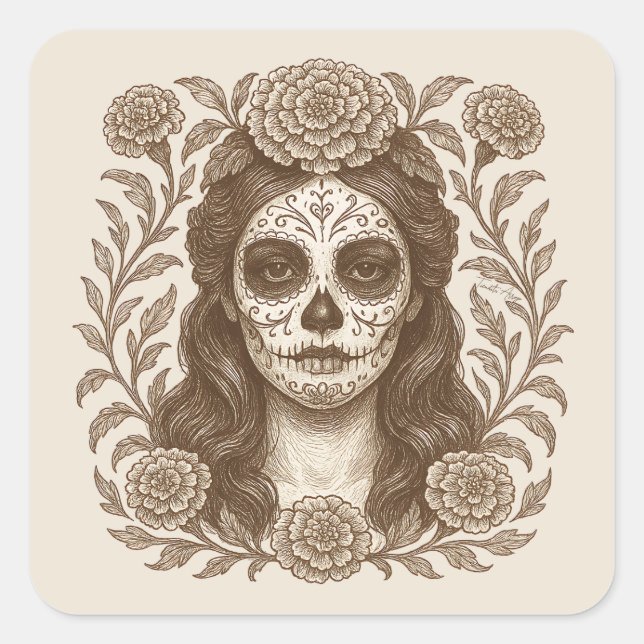 Pegatina Cuadrada Día de los Muertos Catrina Azteca Dibujo Marigold (Anverso)
