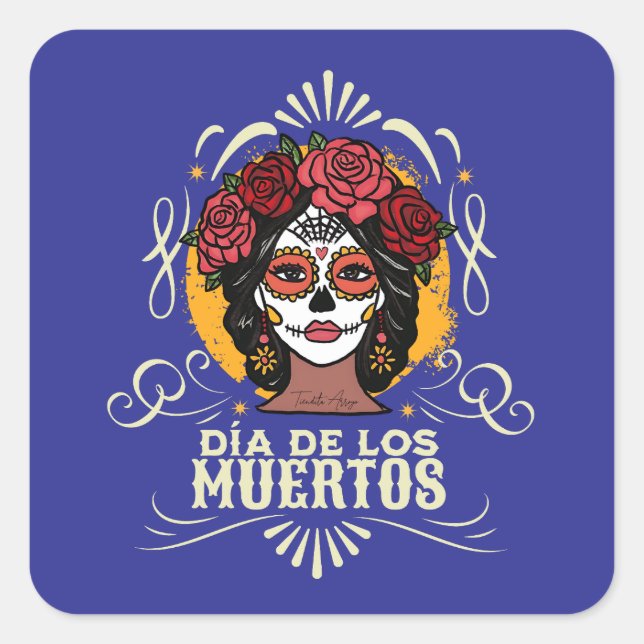 Pegatina Cuadrada Día de los Muertos Catrina con Rosas (Anverso)
