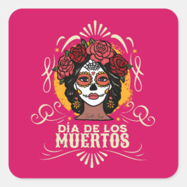Pegatina Cuadrada Día de los Muertos Catrina con Rosas