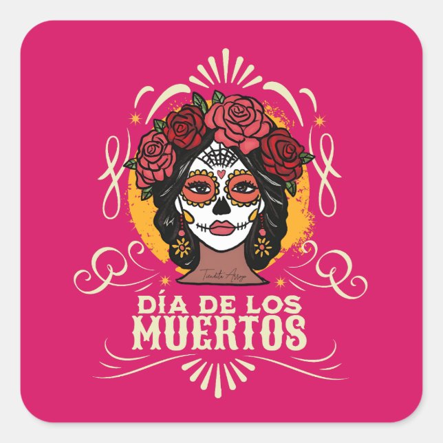 Pegatina Cuadrada Día de los Muertos Catrina con Rosas (Anverso)