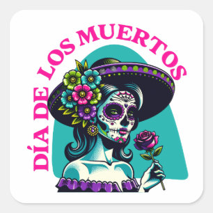 Pegatina Cuadrada Día de los Muertos Catrina Rosa Arte Pop