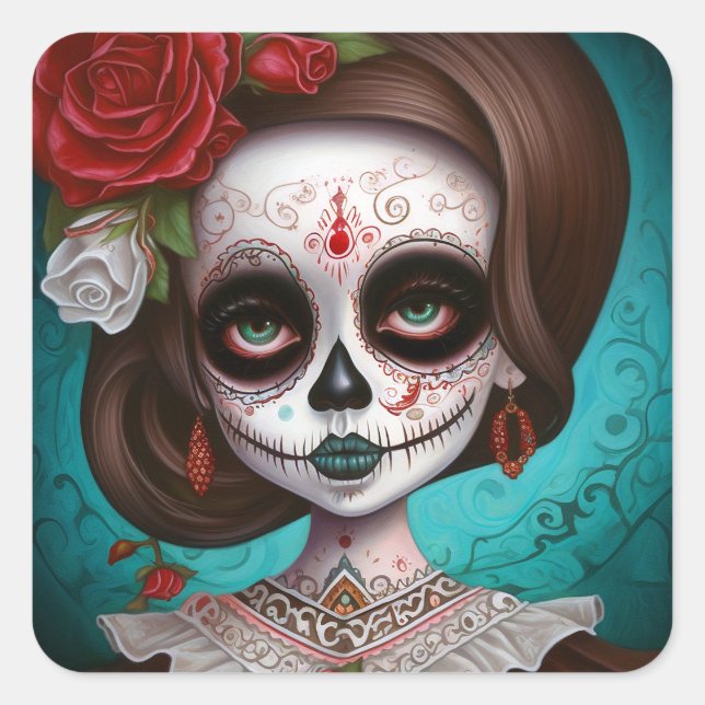 Pegatina Cuadrada Día De Los Muertos En El Chica De La Calavera Del  (Anverso)