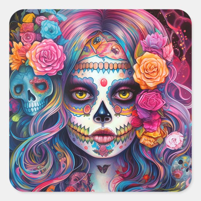Pegatina Cuadrada Día De Los Muertos En El Chica De La Calavera Del  (Anverso)